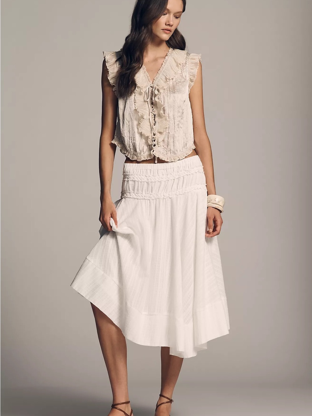 Never Worn- Anthropologie Cream White Asymmetrical Gingham Midi Circle Skirt
